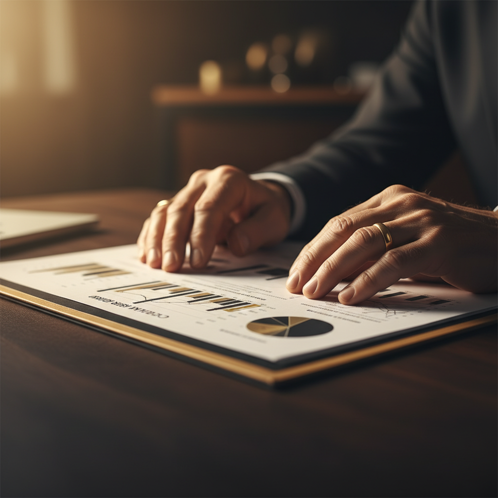 Financial analyst reviewing charts and portfolio data in a moody, dark office setting