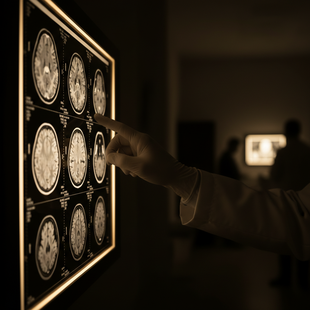 Radiologist examining MRI scans with gold-toned clinical lighting