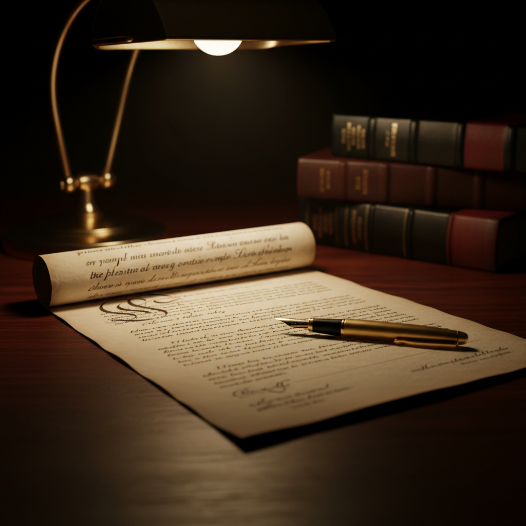 Legal document with gold pen on a dark desk, representing legal judgment and expertise